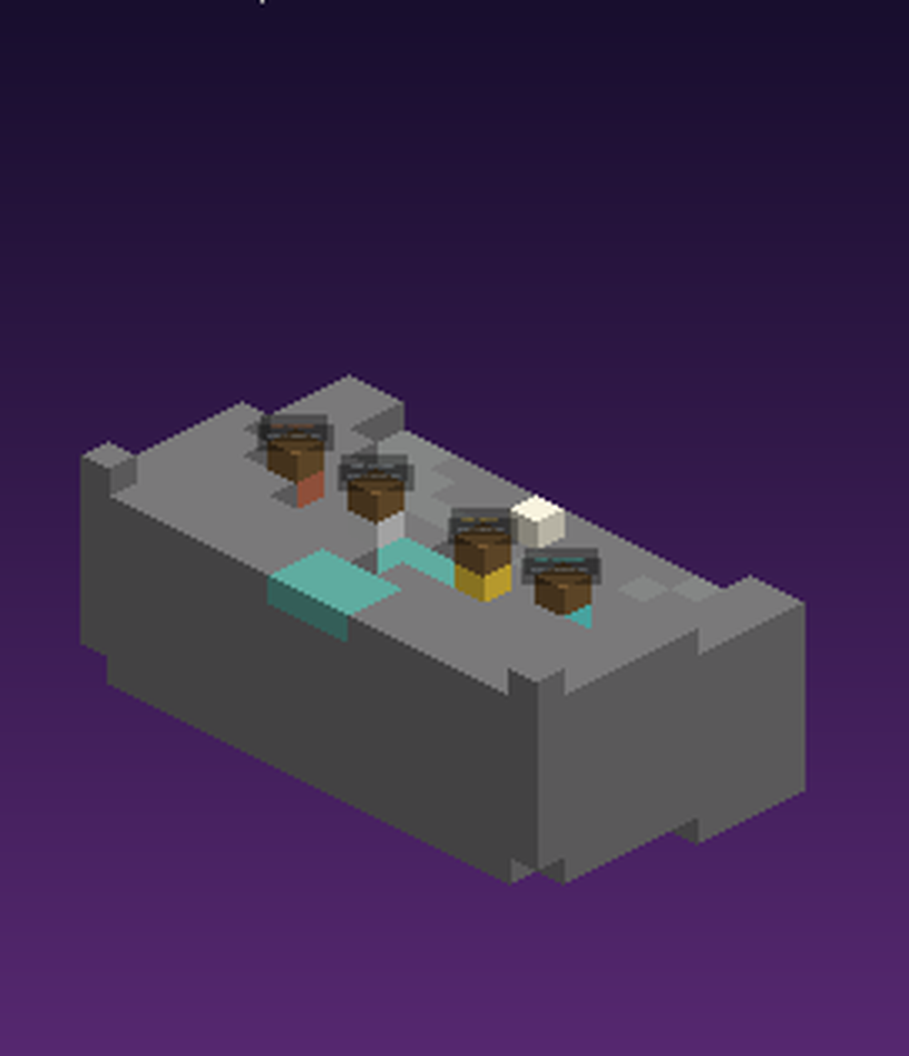 Isometric render of four barrels on metal plinths, copper, silver, gold and diamond, south of the dais.