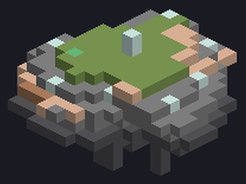 Isometric render of a deposit island: a green grassy shelf over grey stone and dark deepslate, with pink iron and copper veins in the cliff, stalactites underneath, and pale lanterns around the rim.