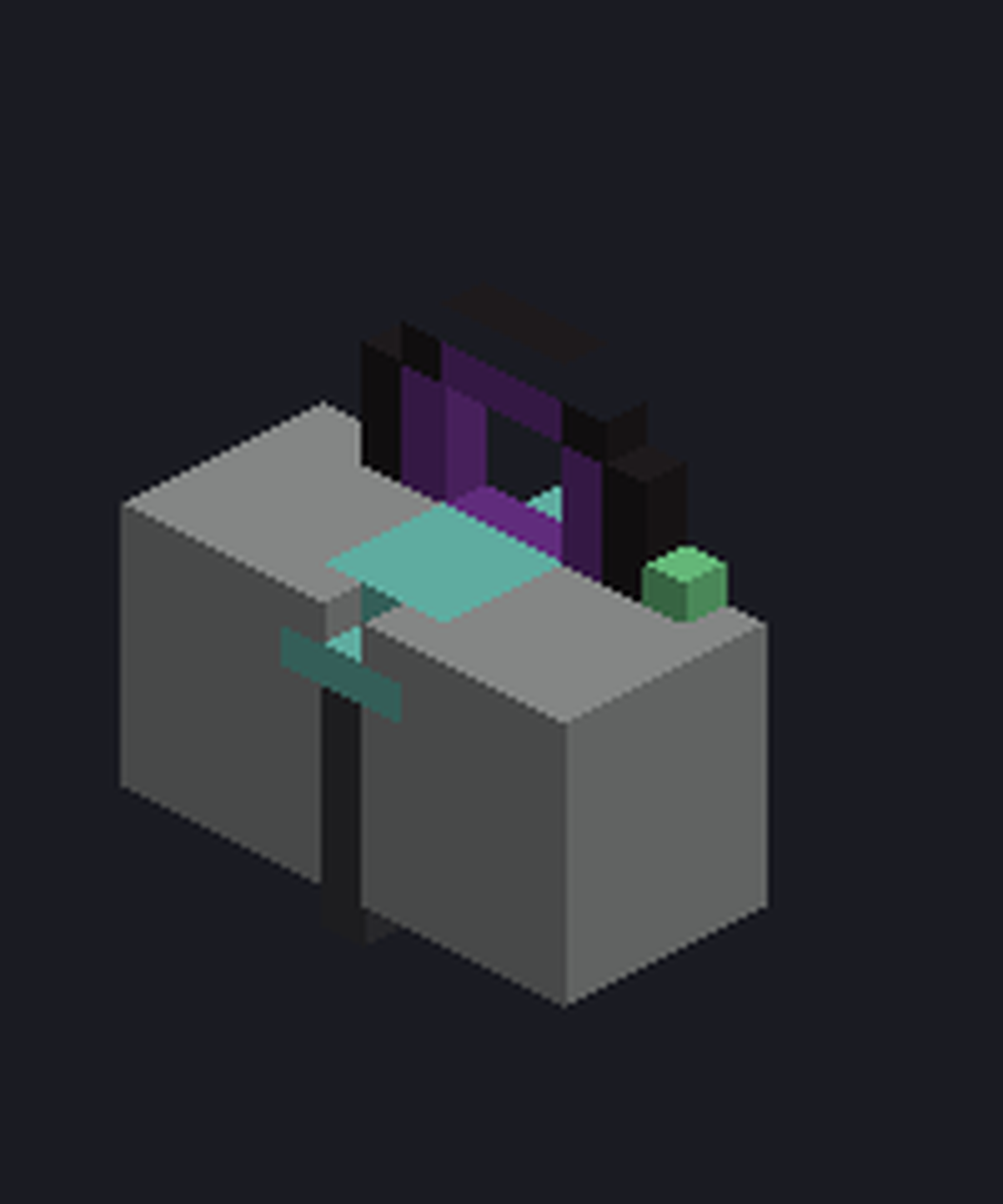 Close isometric render of the north gateway: a purple portal frame under a floating gate sign.