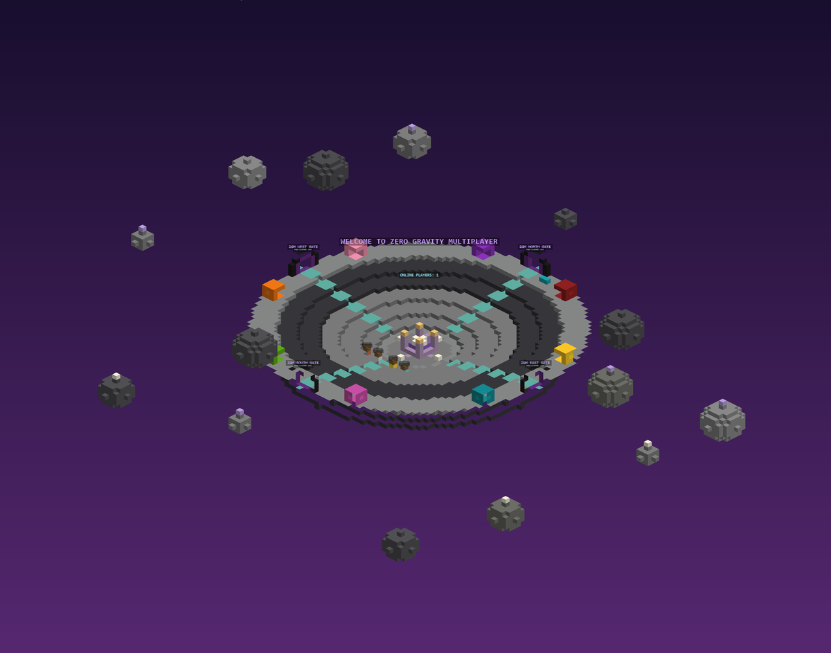 Isometric render of the lobby: a violet-lit dais, four gateways around it and the dragon's ring above.